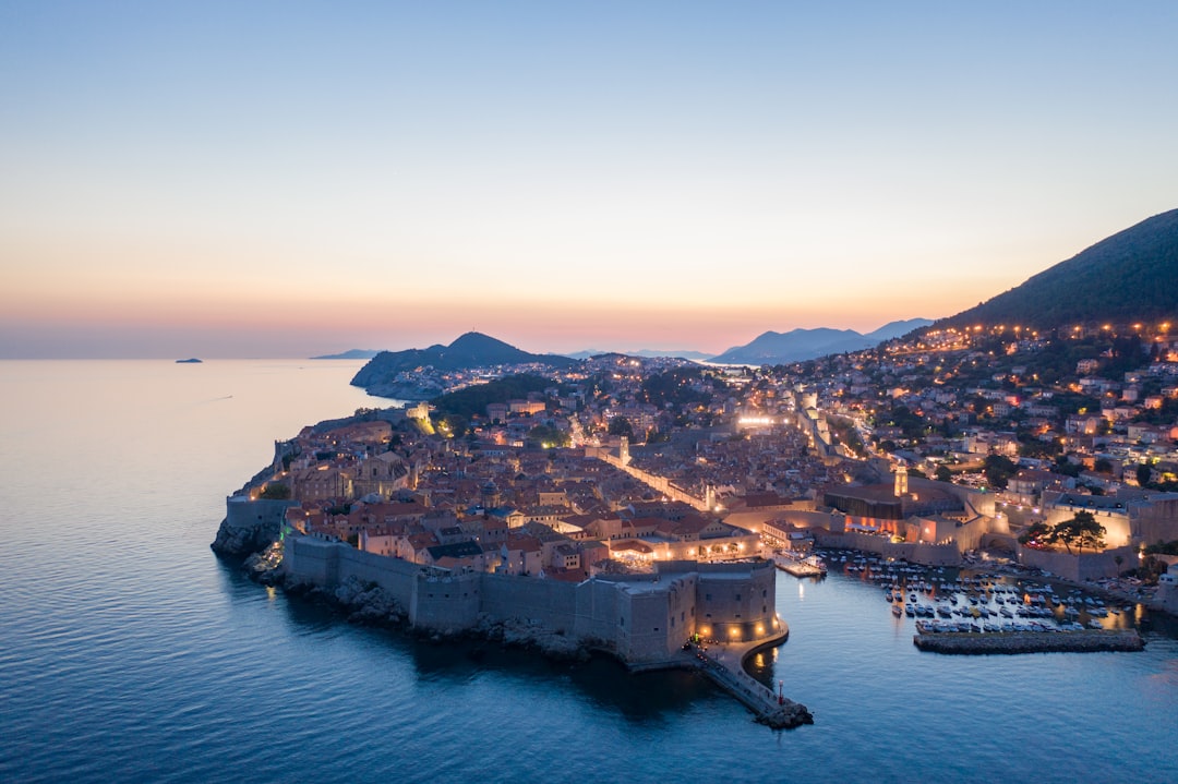 Sunset sky drone shot of Dubrovnik, Croatia.