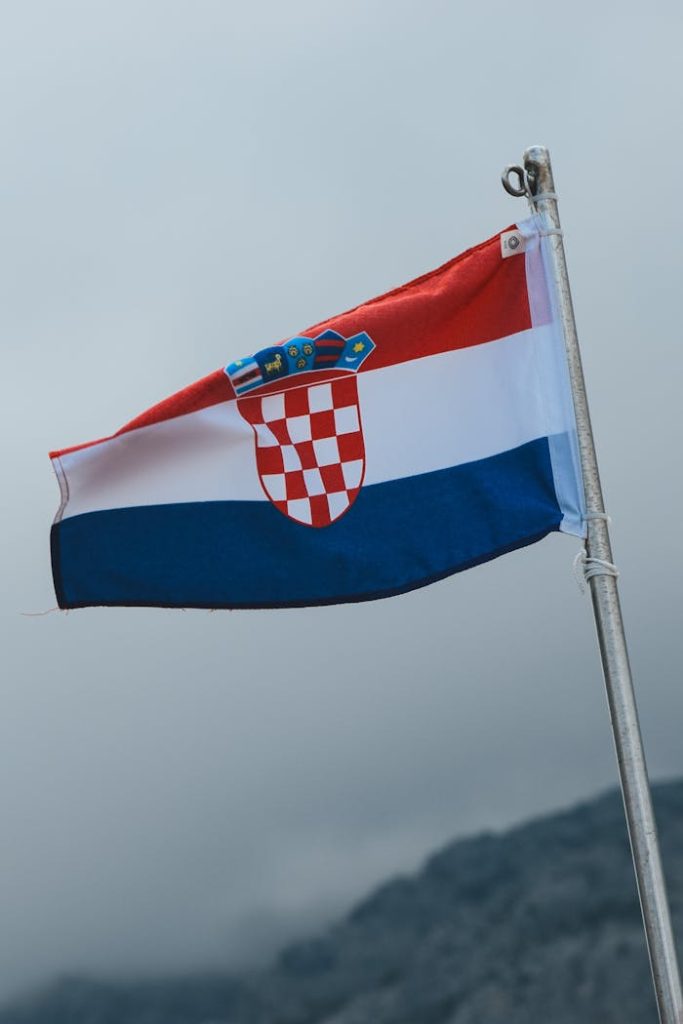 Croatian flag on a flagpole waving against a cloudy sky, showcasing national pride.