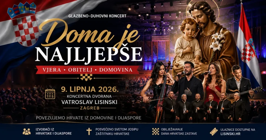 Koncert „Doma je najljepše“ ponovno spaja Hrvate iz domovine i dijaspore Pozornica koncertne dvorane tijekom glazbeno-duhovnog koncerta koji okuplja Hrvate iz domovine i dijaspore